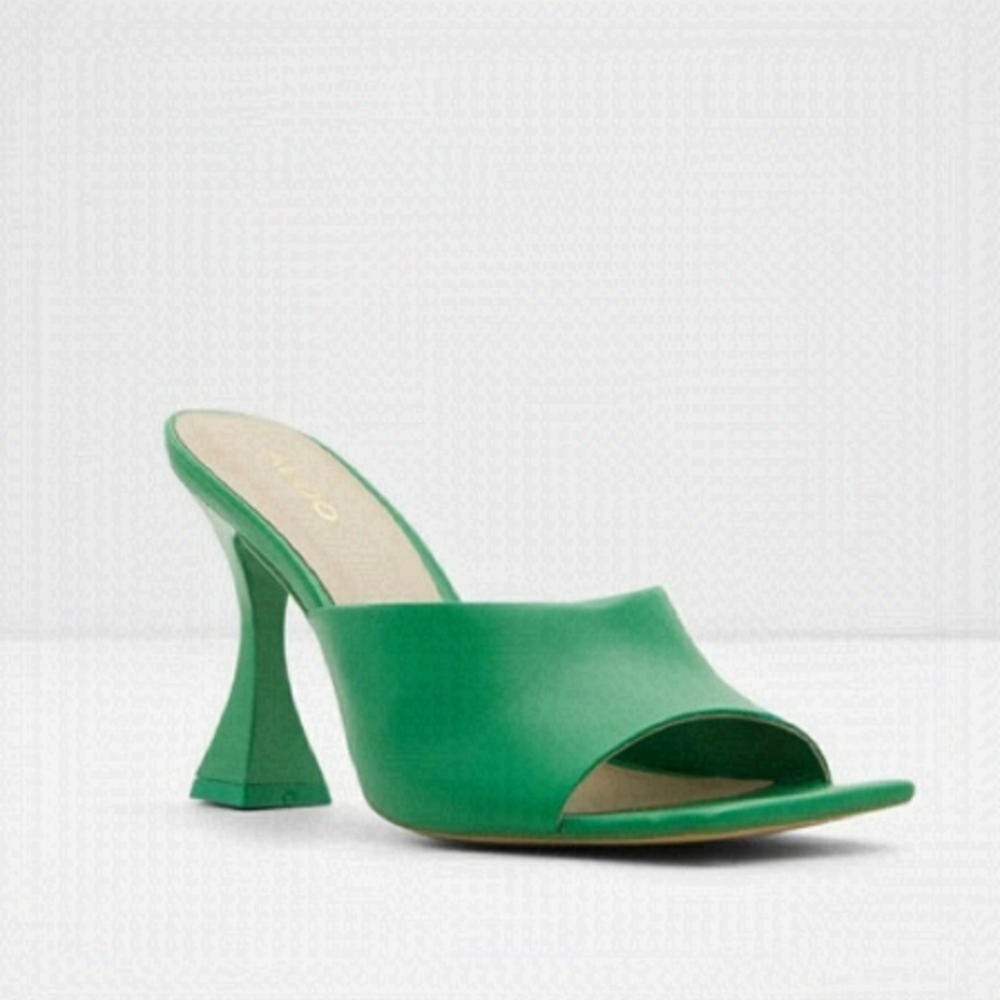 Aldo Selah Heeled Smooth Leather Mule Green Open Square Toe